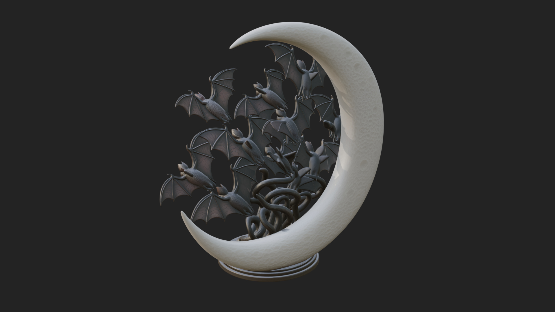Crescent Moon Bat Tree Statue Design 1 3D Print Model 3D Model