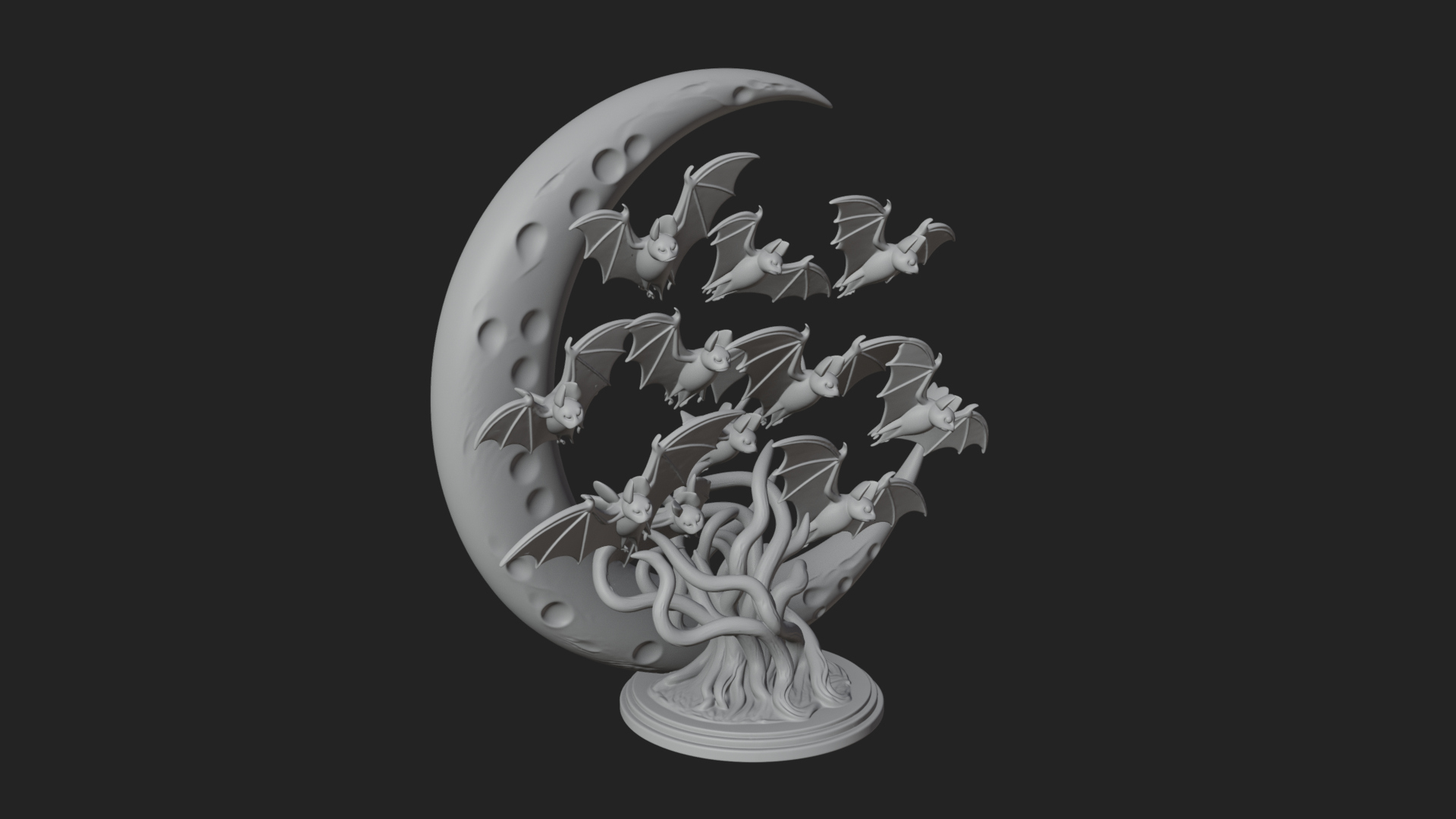 Crescent Moon Bat Tree Statue Design 1 3D Print Model 3D Model