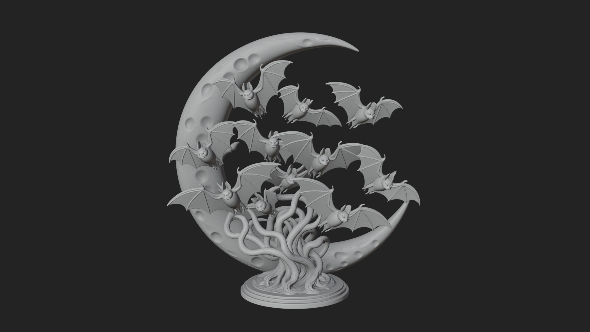 Crescent Moon Bat Tree Statue Design 1 3D Print Model 3D Model