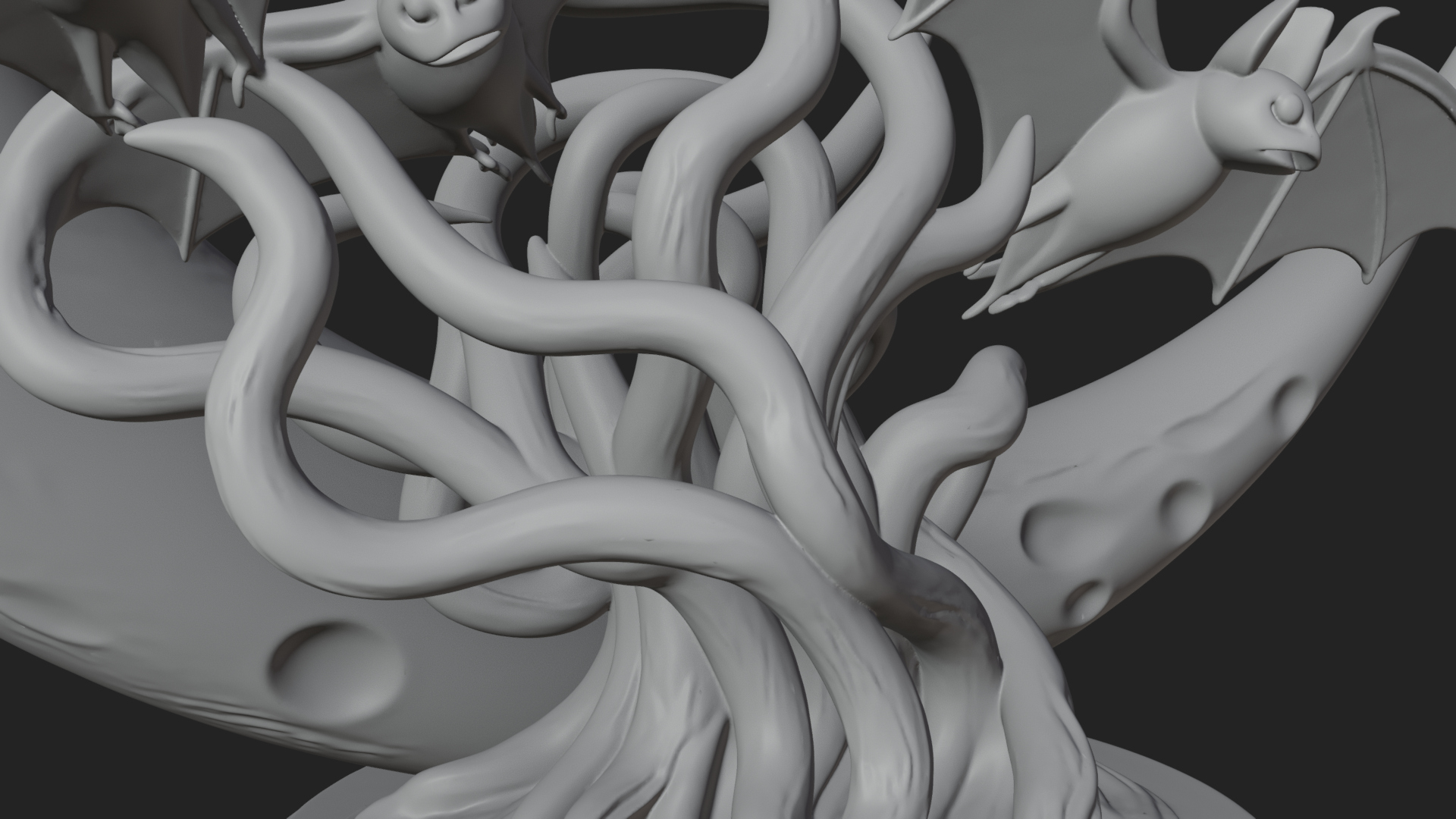 Crescent Moon Bat Tree Statue Design 1 3D Print Model 3D Model