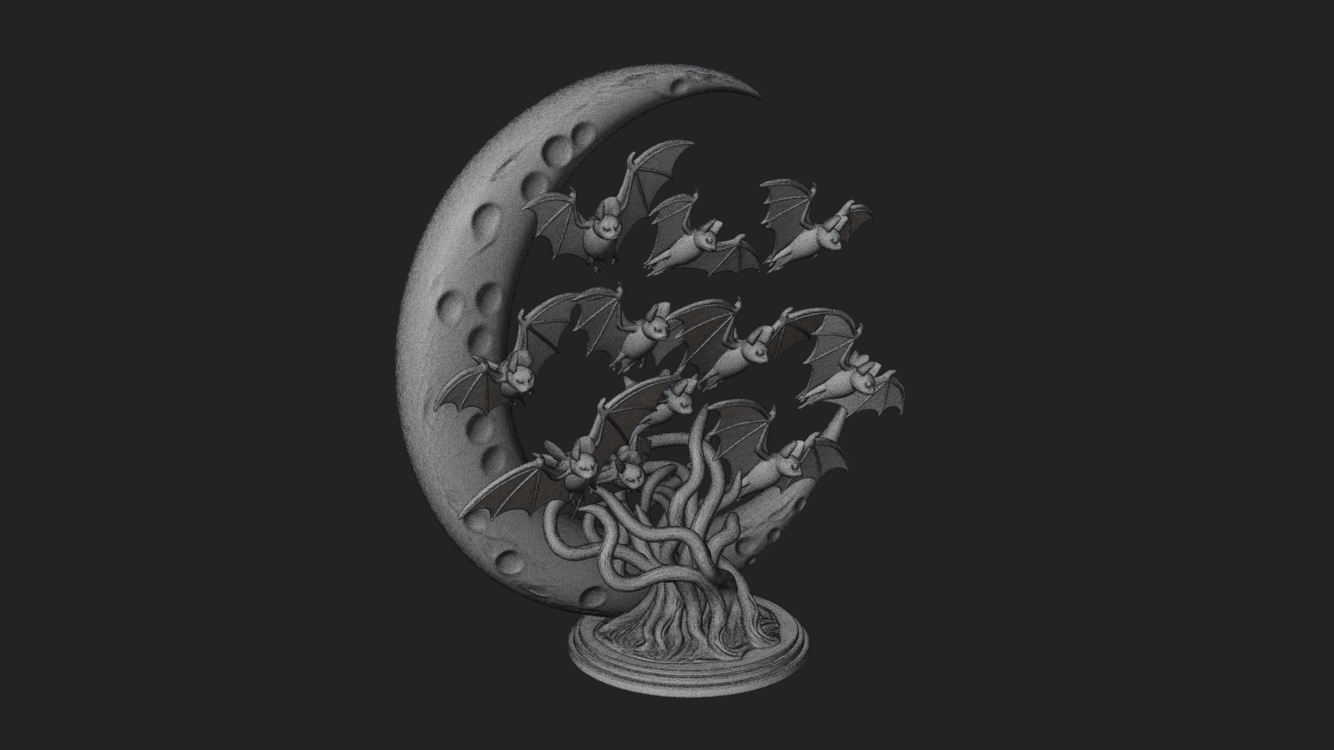 Crescent Moon Bat Tree Statue Design 1 3D Print Model 3D Model