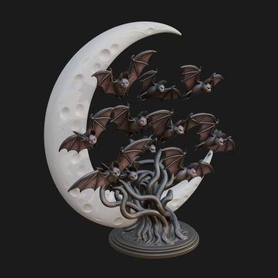 Crescent Moon Bat Tree Statue Design 1 3D Print Model