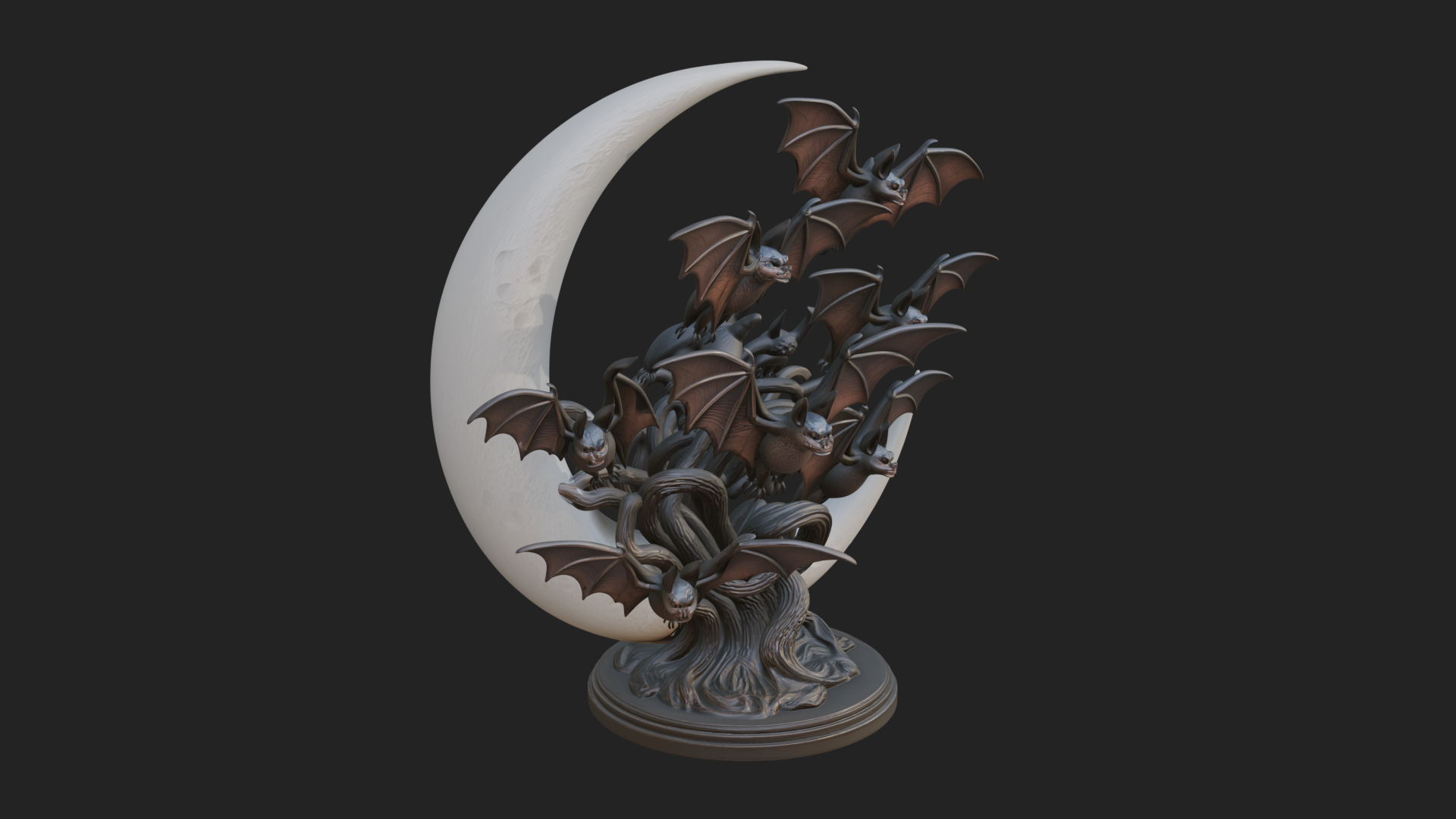 Crescent Moon Bat Tree Statue Design 2 3D Print Model 3D Model