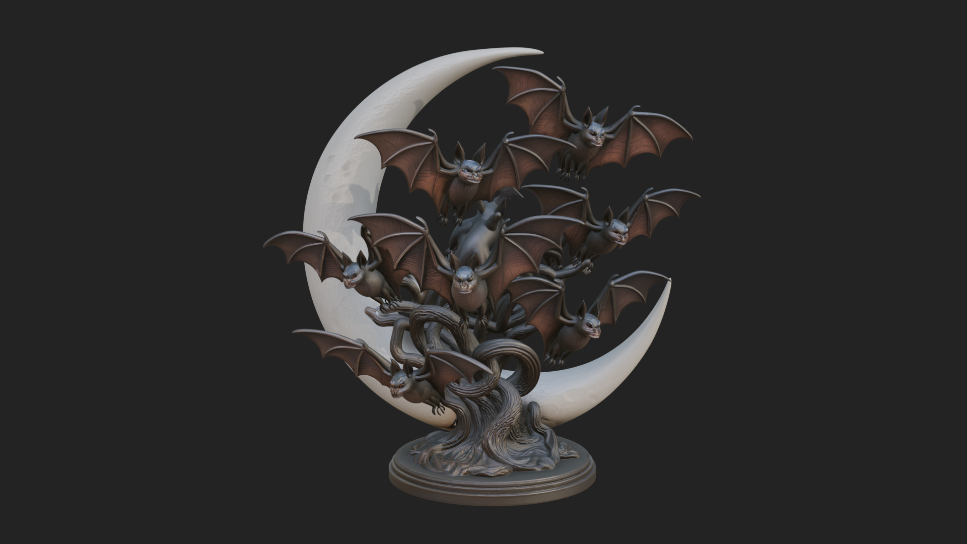 Crescent Moon Bat Tree Statue Design 2 3D Print Model 3D Model