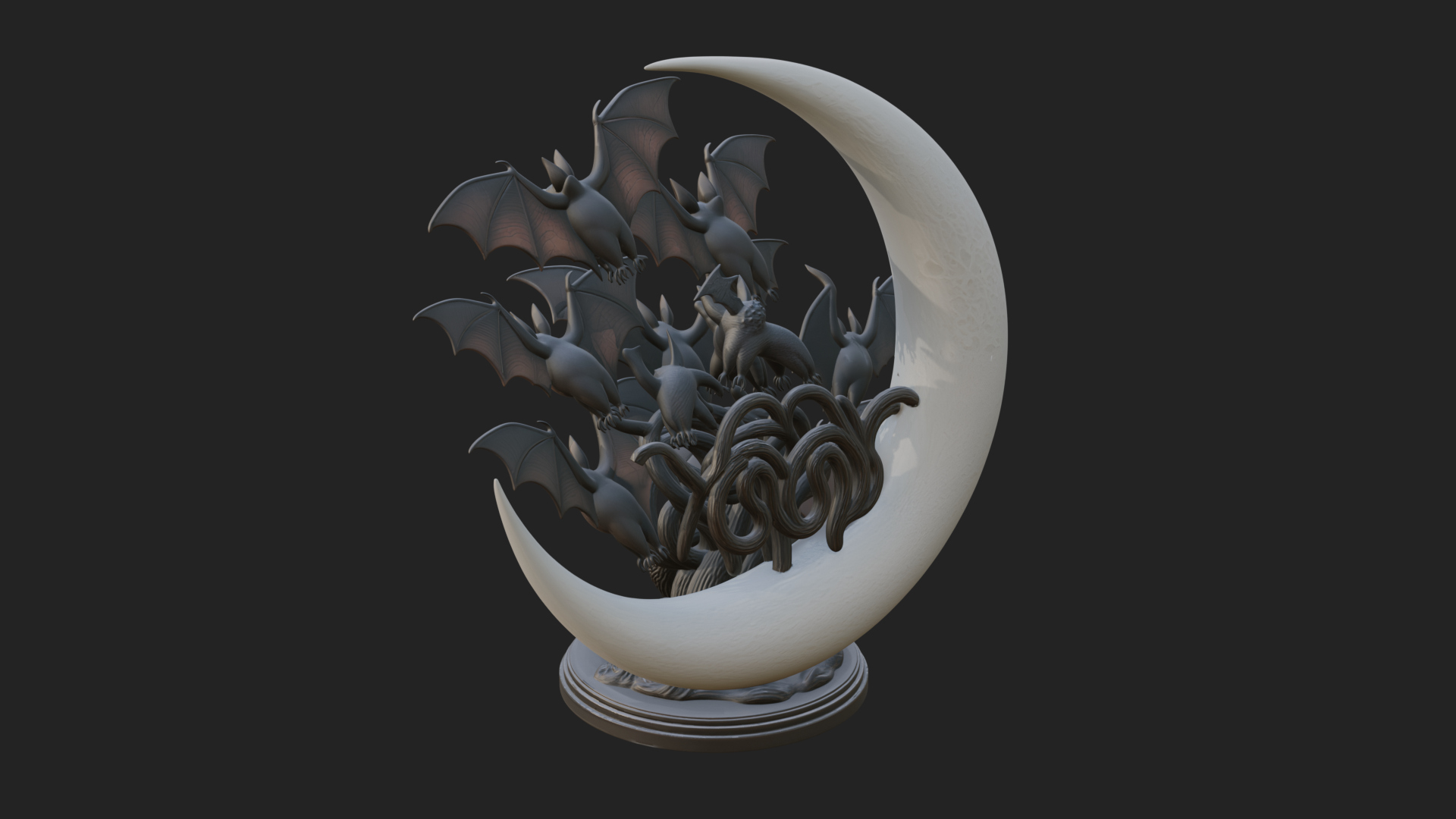 Crescent Moon Bat Tree Statue Design 2 3D Print Model 3D Model