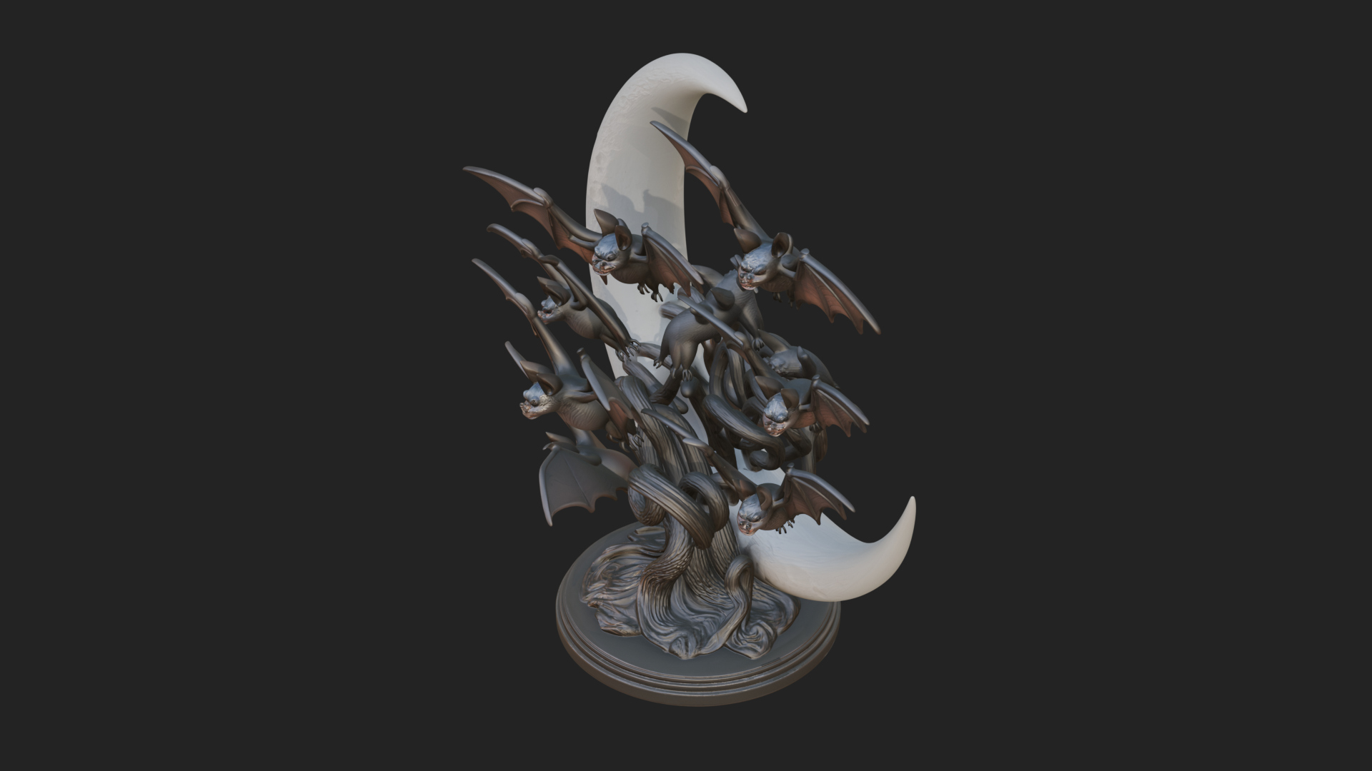 Crescent Moon Bat Tree Statue Design 2 3D Print Model 3D Model