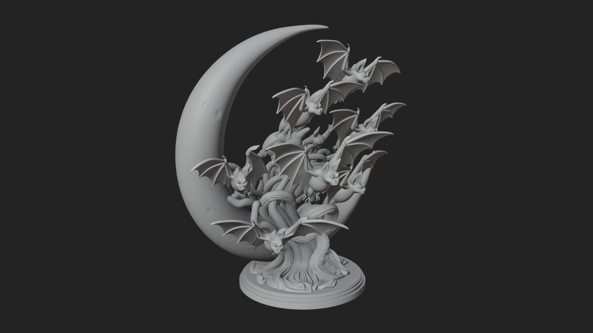 Crescent Moon Bat Tree Statue Design 2 3D Print Model 3D Model