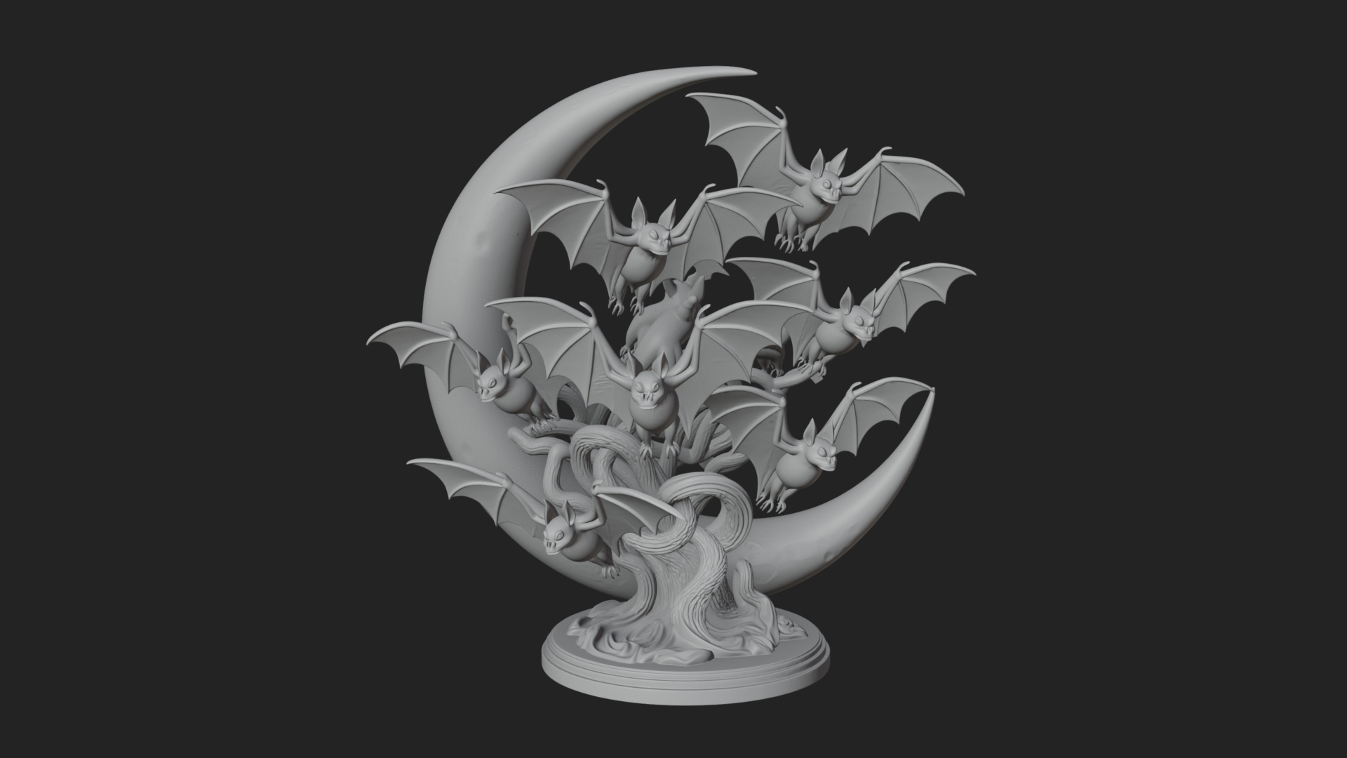 Crescent Moon Bat Tree Statue Design 2 3D Print Model 3D Model
