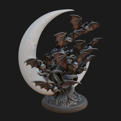 Crescent Moon Bat Tree Statue Design 2 3D Print Model