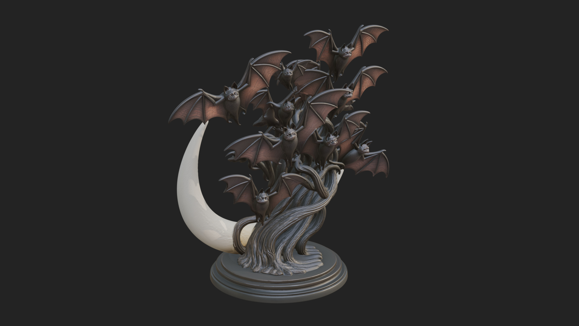 Crescent Moon Bat Tree Statue Design 3 3D Print Model 3D Model