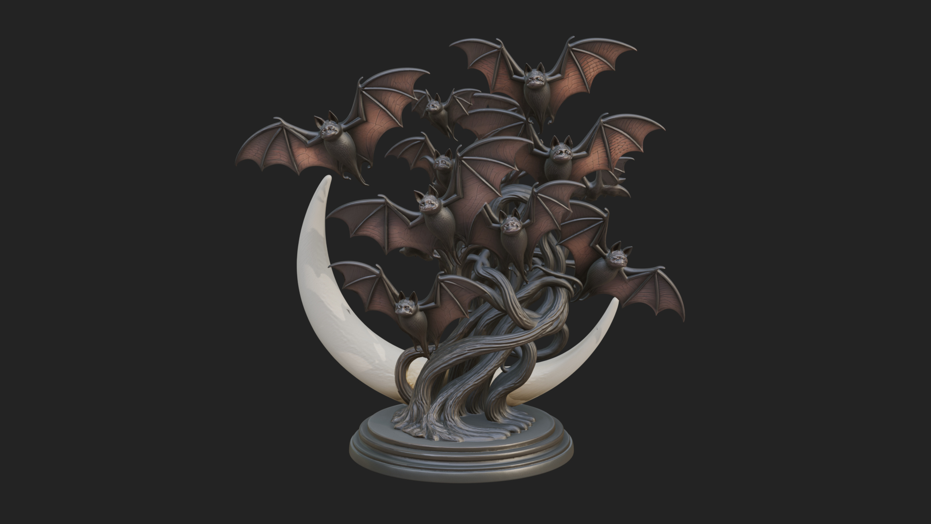 Crescent Moon Bat Tree Statue Design 3 3D Print Model 3D Model