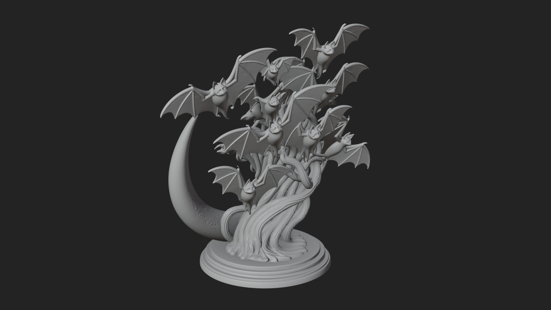 Crescent Moon Bat Tree Statue Design 3 3D Print Model 3D Model