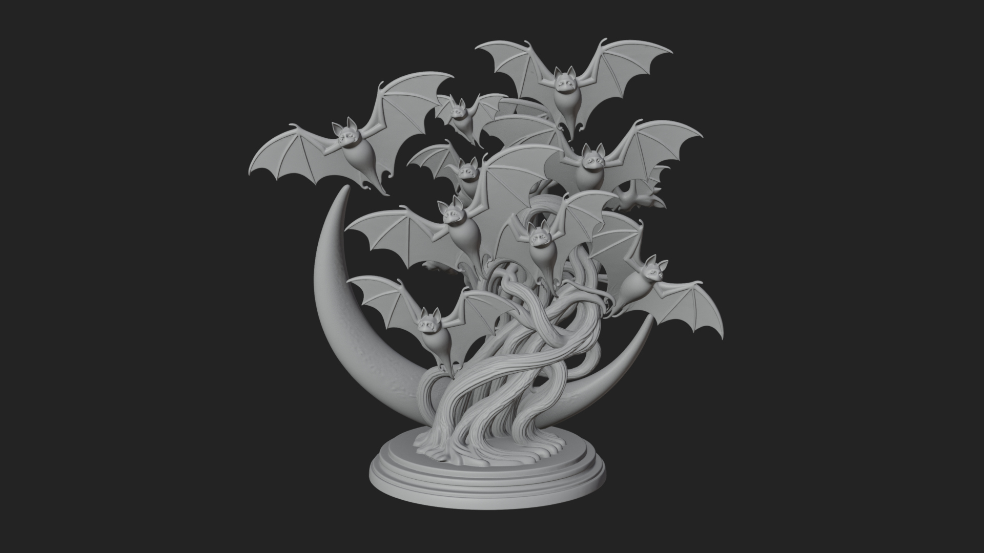 Crescent Moon Bat Tree Statue Design 3 3D Print Model 3D Model