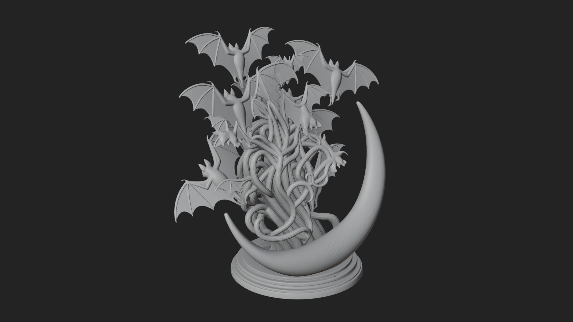 Crescent Moon Bat Tree Statue Design 3 3D Print Model 3D Model