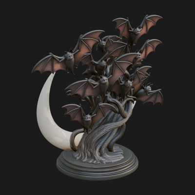 Crescent Moon Bat Tree Statue Design 3 3D Print Model