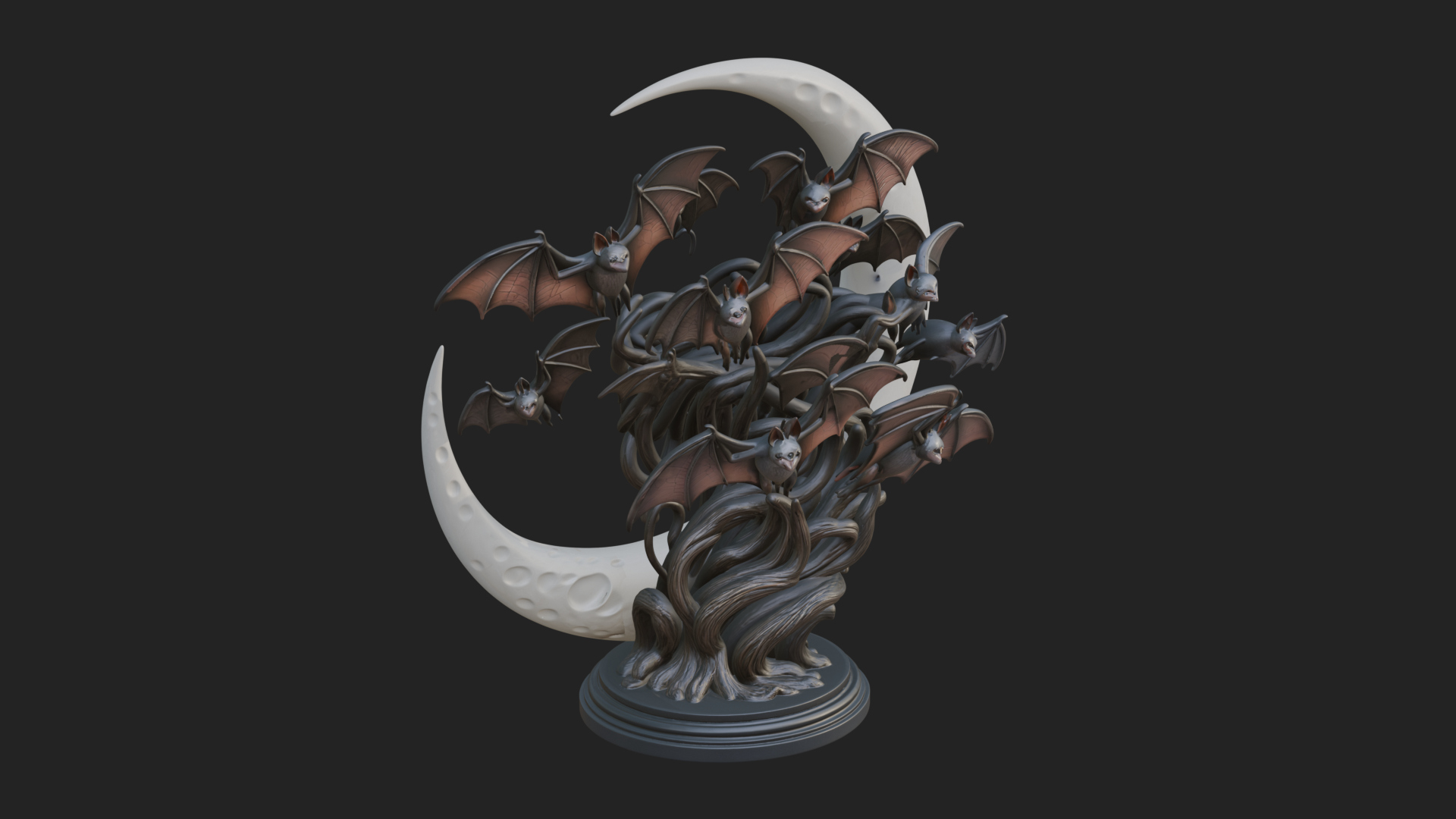 Crescent Moon Bat Tree Statue Design 4 3D Print Model 3D Model