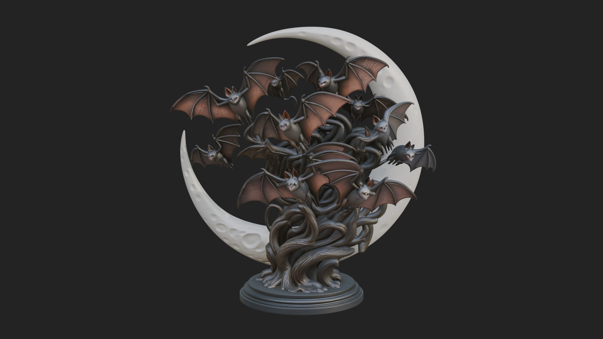 Crescent Moon Bat Tree Statue Design 4 3D Print Model 3D Model