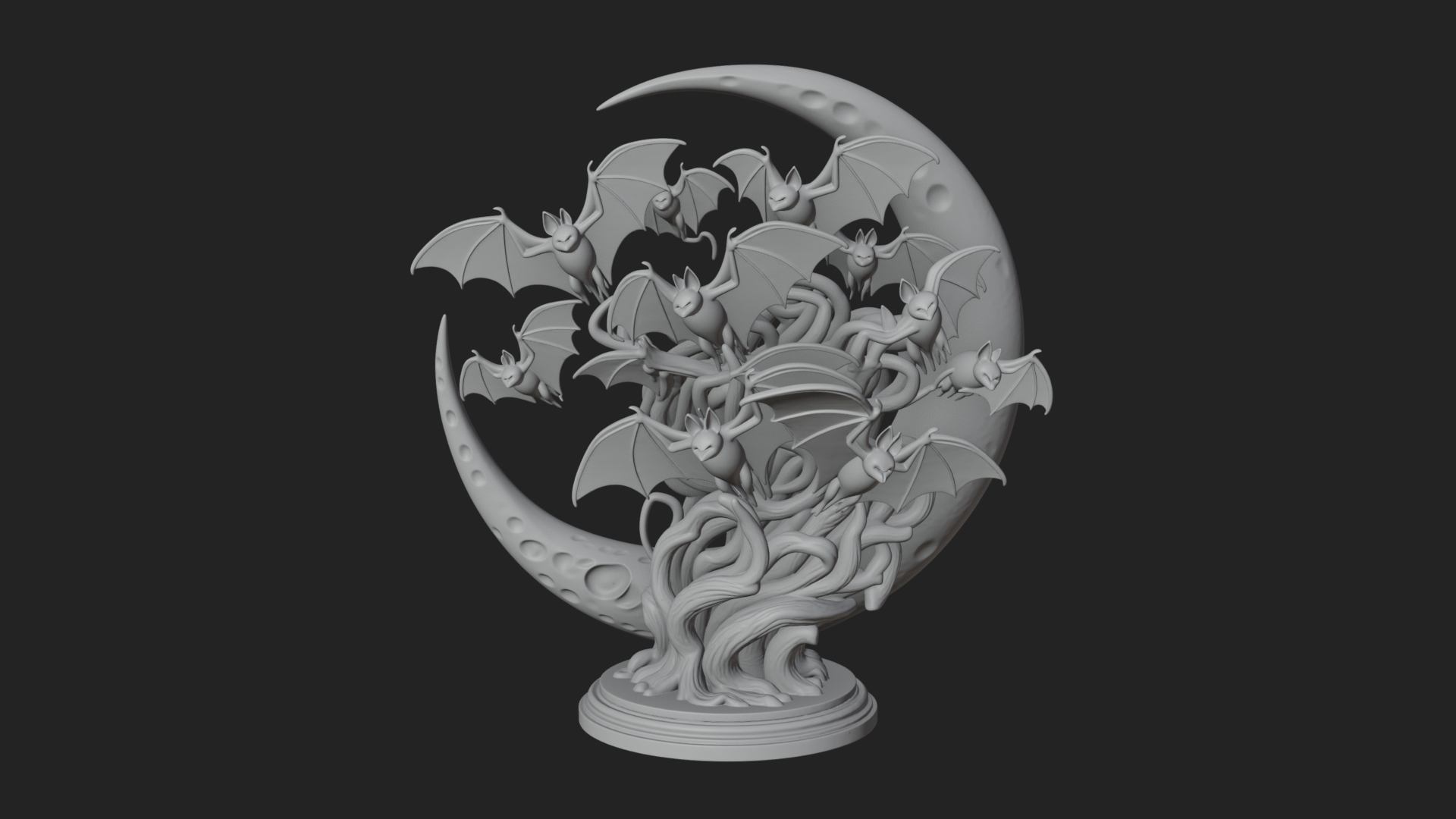 Crescent Moon Bat Tree Statue Design 4 3D Print Model 3D Model