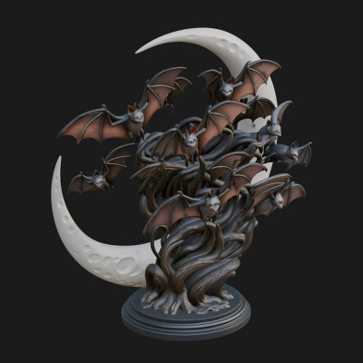 Crescent Moon Bat Tree Statue Design 4 3D Print Model