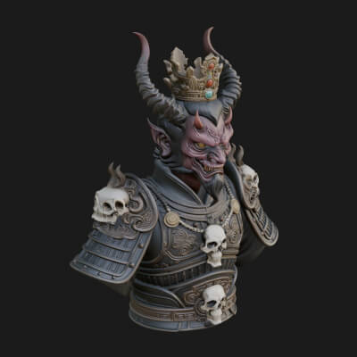 Crowned Horned Demon King Bust Statue Design 2 3D Print