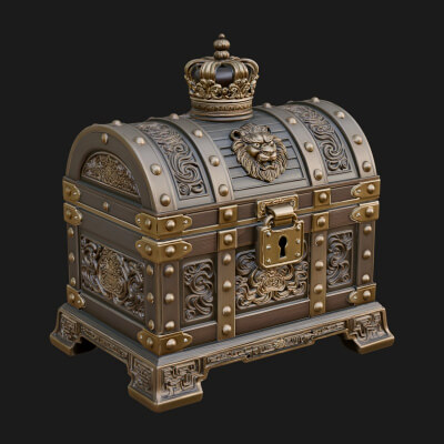 Crowned Lion Treasure Chest Model Design 1 3D Print Model