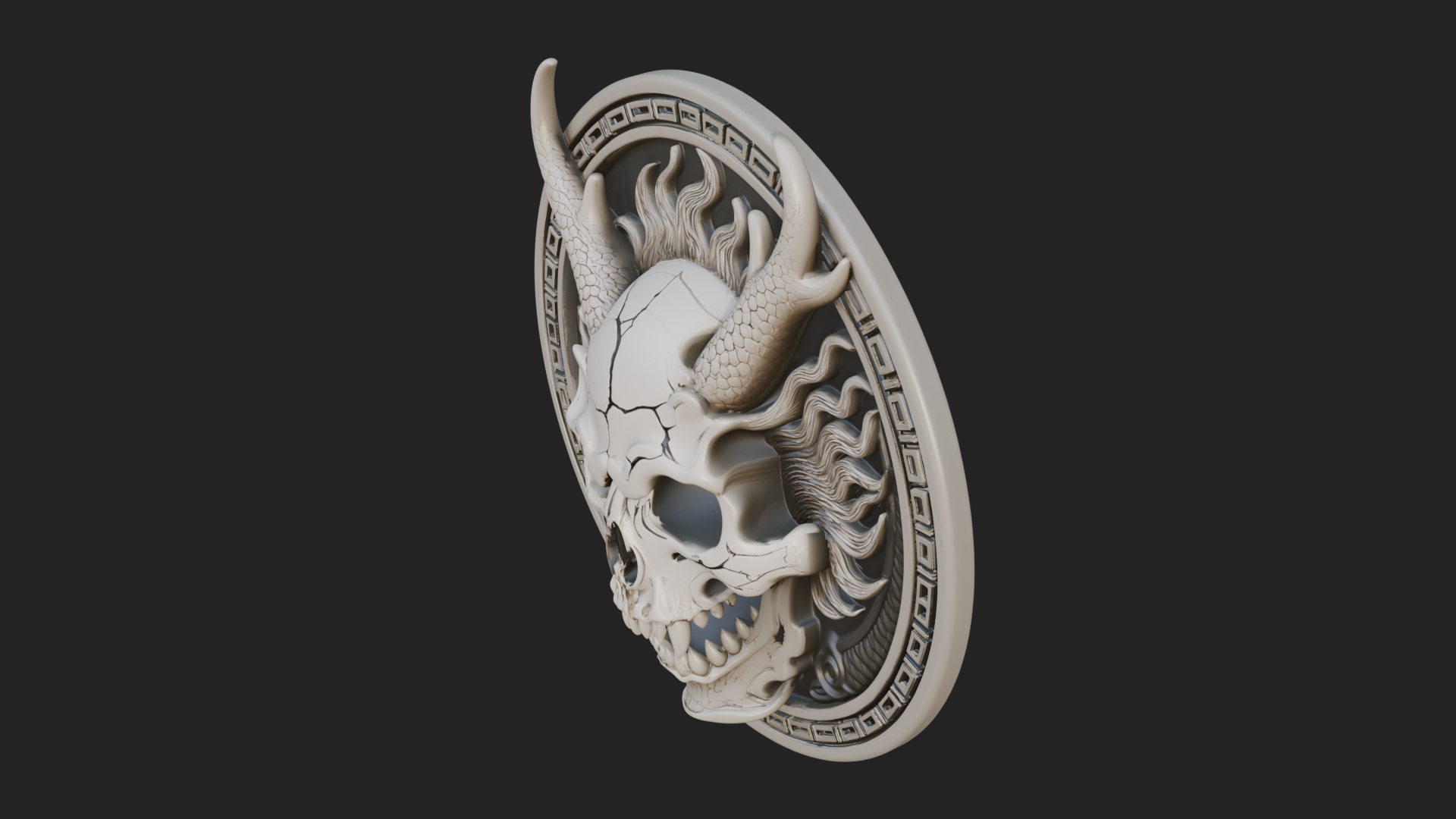 Dragon Skull Oval Relief Plaque Design 3 3d Print Model 3D Model