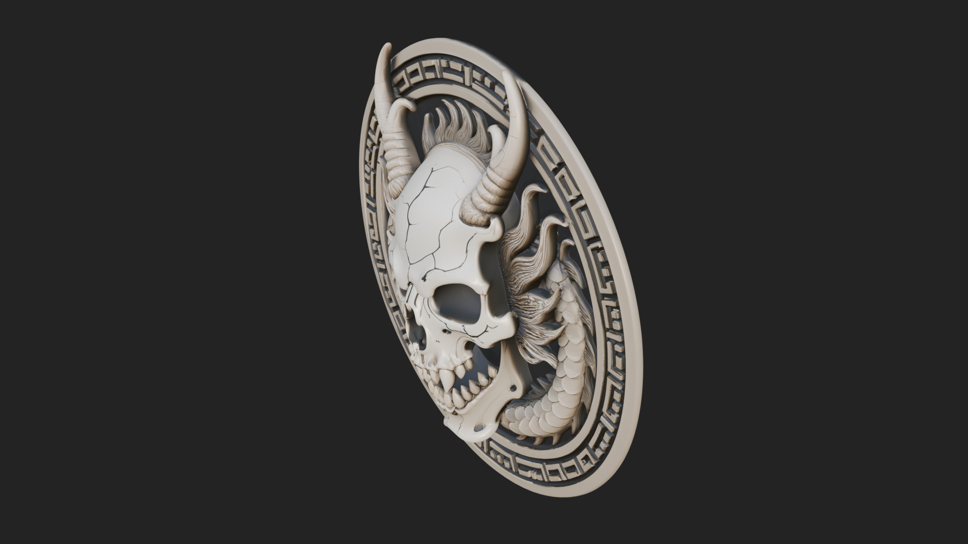 Dragon Skull Oval Relief Plaque Design 4 3D Print Model 3D Model