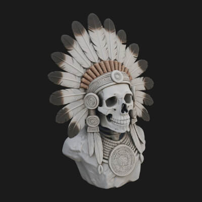 Feathered Headdress Skull Bust Statue Design 1 3D Print