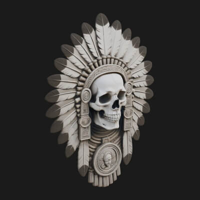 Feathered Headdress Skull Bust Statue Design 2 3D Print