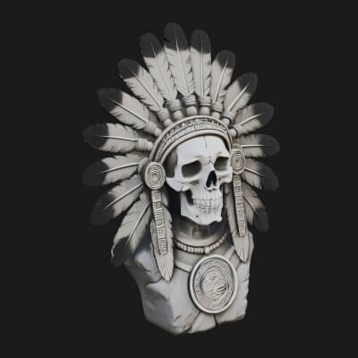 Feathered Headdress Skull Bust Statue Design 3 3D Print