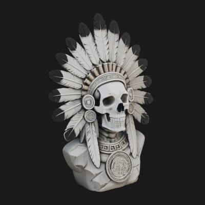 Feathered Headdress Skull Bust Statue Design 4 3D Print