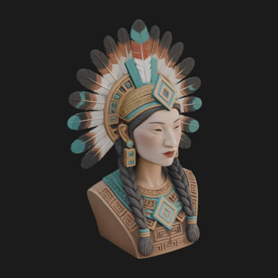 Feathered Headdress Woman Bust Statue Design 1 3D Print
