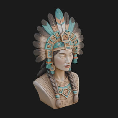 Feathered Headdress Woman Bust Statue Design 2 3D Print