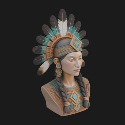 Feathered Headdress Woman Bust Statue Design 3 3D Print