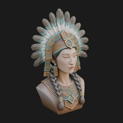 Feathered Headdress Woman Bust Statue Design 4 3D Print