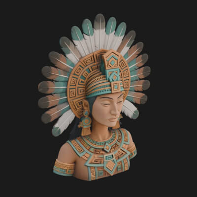 Feathered Headdress Woman Bust Statue Design 5 3D Print