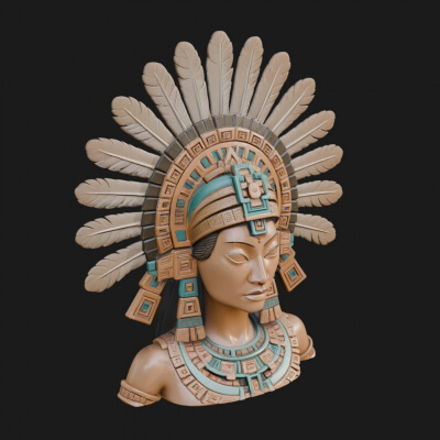 Feathered Headdress Woman Bust Statue Design 6 3D Print