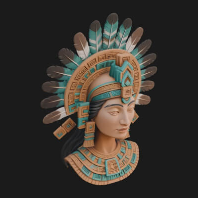 Feathered Headdress Woman Bust Statue Design 7 3D Print
