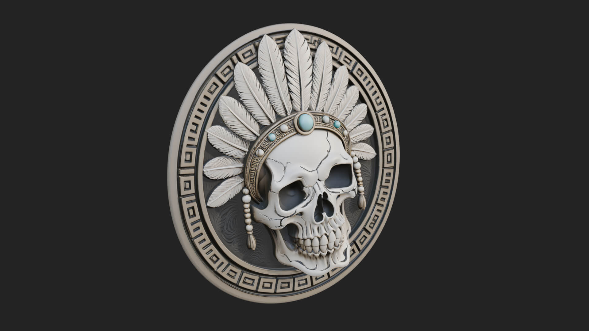 Feathered Skull Oval Relief Plaque Design 4 3D Print 3D Model