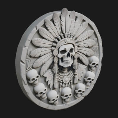 Feathered Skull Relief Medallion Design 1 3D Print Model