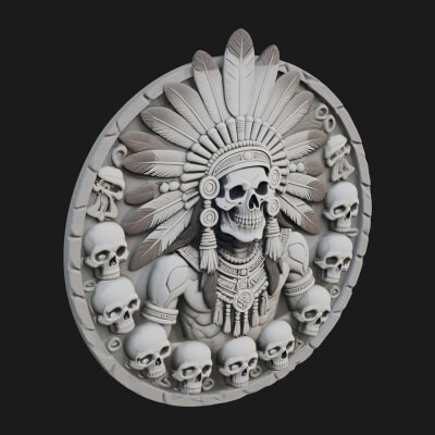 Feathered Skull Relief Medallion Design 2 3D Print Model