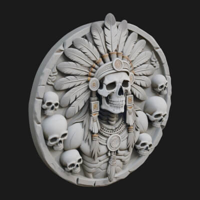 Feathered Skull Relief Medallion Design 3 3D Print Model