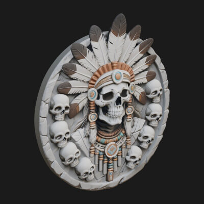 Feathered Skull Relief Medallion Design 4 3D Print Model