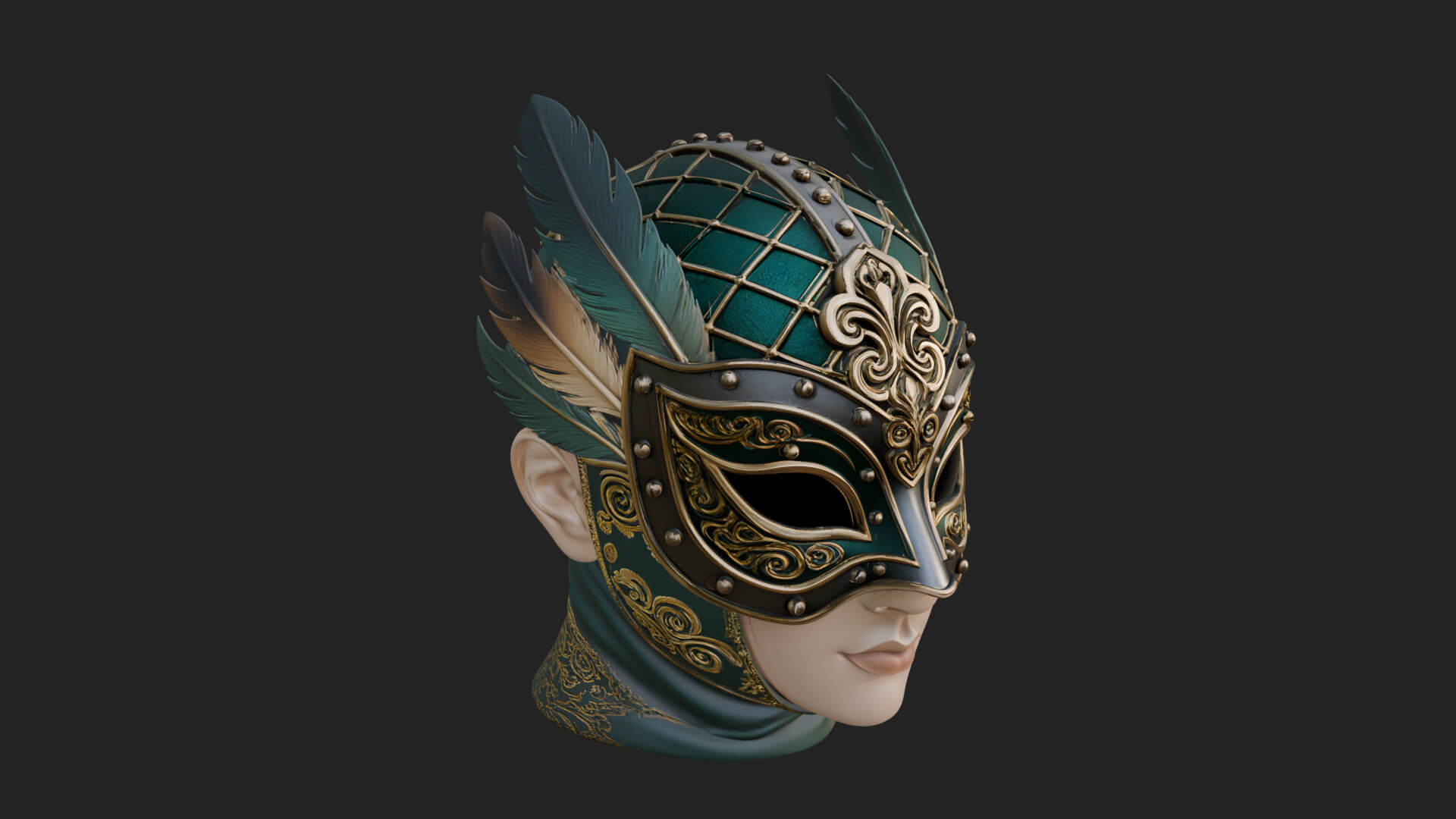 Feathered Venetian Mask Statue Design 3 3D Print Model 3D Model