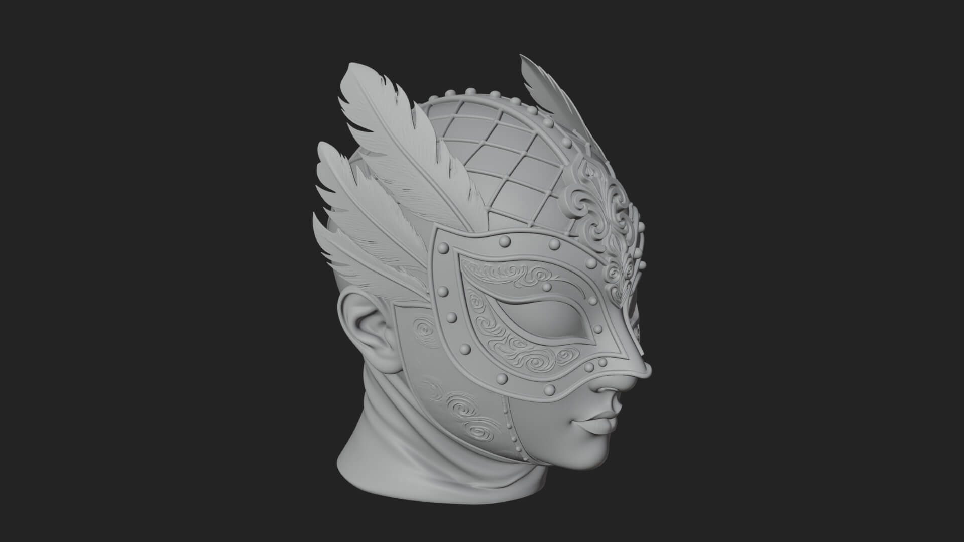 Feathered Venetian Mask Statue Design 3 3D Print Model 3D Model