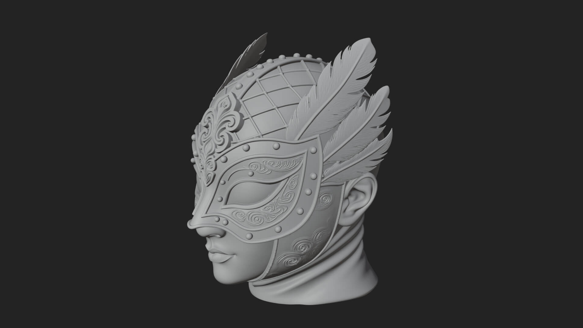 Feathered Venetian Mask Statue Design 3 3D Print Model 3D Model