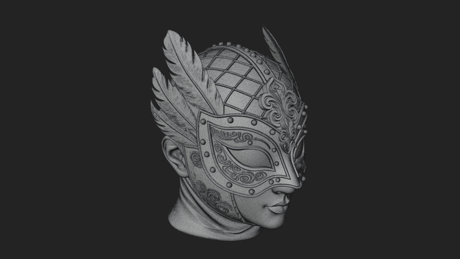 Feathered Venetian Mask Statue Design 3 3D Print Model 3D Model