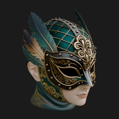 Feathered Venetian Mask Statue Design 3 3D Print Model