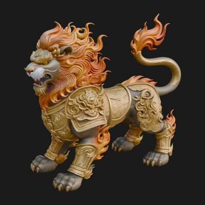 Flame-Maned Guardian Lion Statue Design 1 3D Print Model