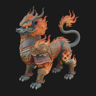 Flame-Maned Guardian Lion Statue Design 10 3D Print Model